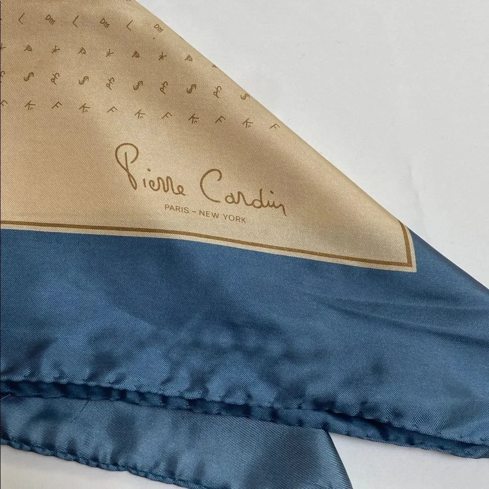 Vintage Pierre Cardin Cream and Blue Silk Pocket Square- New